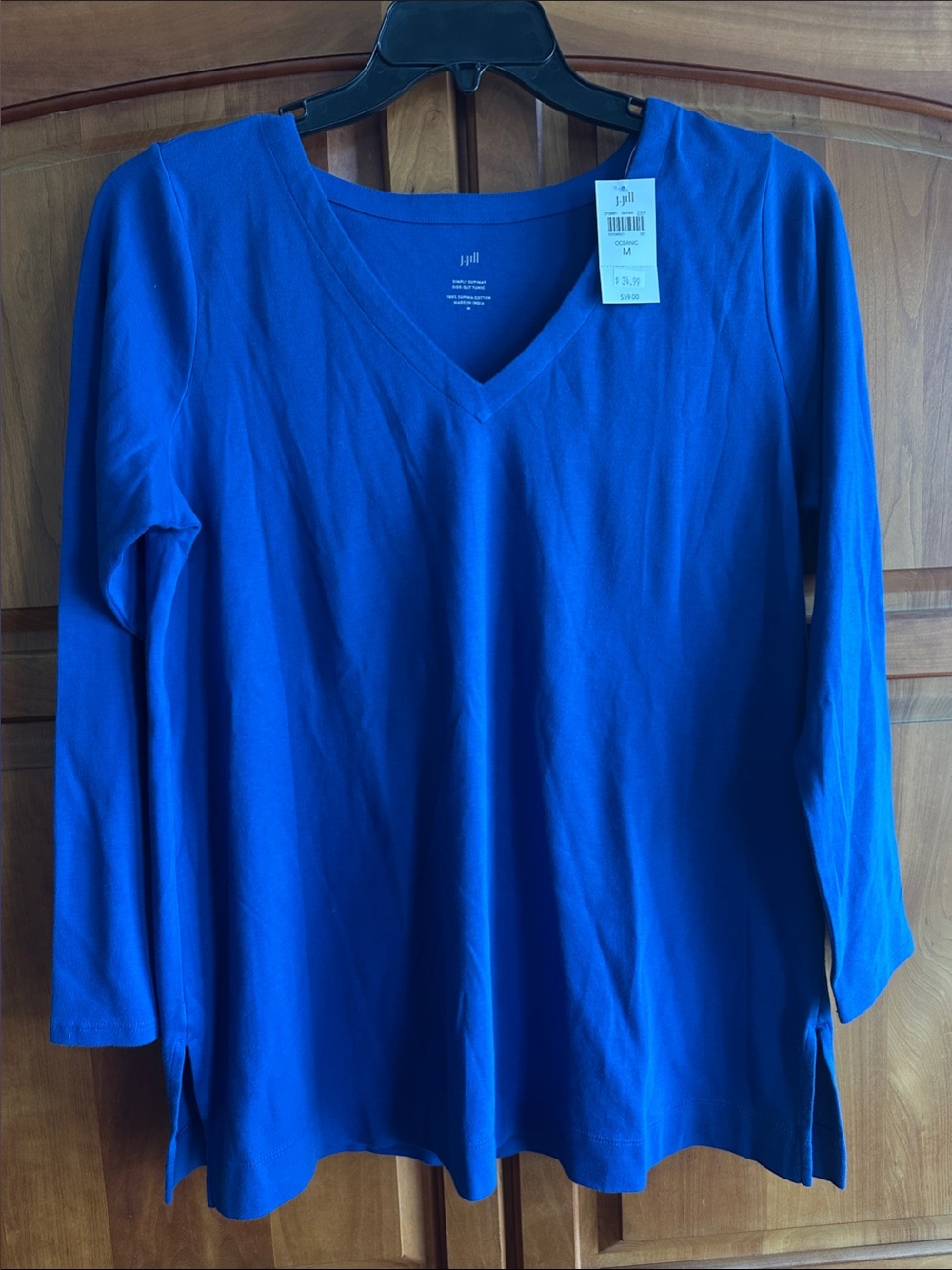 J. Jill V-Neck Long Sleeve Cotton Knit Top - Royal Blue, 22” P-T-P, NWT